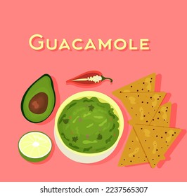 Bowl of Guacamole with tortilla chips nachos, kime, pepper, half Avocado vector illustration. Mexican food 