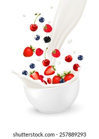 Bowl of healthy berries and splash of milk. Vector illustration