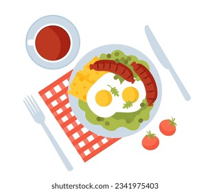 Tazón con concepto de desayuno saludable. Salchichas con verduras, queso y huevo. Una dieta equilibrada y un estilo de vida saludable, una nutrición adecuada. Dibujo vectorial plano de dibujos animados aislado en fondo blanco