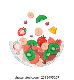 Bowl of healthy fresh fruit salad. Fresh fruit salad in a bowl. Multicolored and tropical fruits. Pineapple, mango, grape, strawberry, papaya, melon, kiwi. Additional with chestnuts and granola. 2522