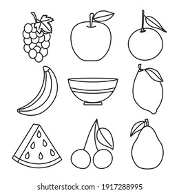 bowl and healthy fruits icon set over white background, line style, vector illustration