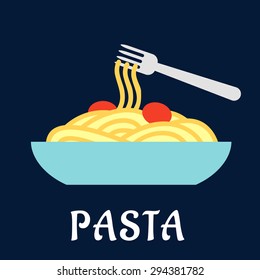 Bowl of healthy Italian pasta with tomatoes and a fork on a blue background with the word Pasta below