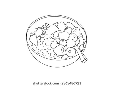 Un tazón de avena sana con fruta. Día Mundial de la Gachas. Un dibujo de línea para diferentes usos. Ilustración vectorial.