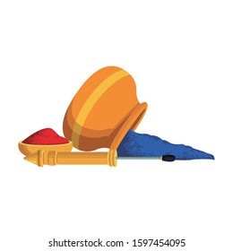 bowl with holi powder and pichkari over white background, vector illustration