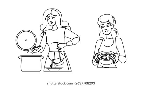 bowl homemade soup vector. vegetable food, table cream, green meal bowl homemade soup character. people black line pencil drawing illustration
