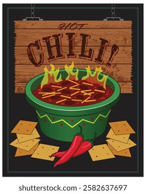 A bowl of hot chili with crackers