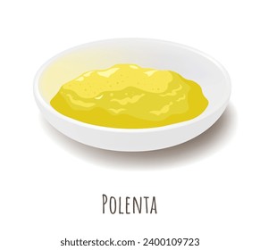 Bowl of hot cornmeal porridge, polenta. Dieting and nutrition for vegans and vegetarians. Eating organic and natural products. Healthy addition to diet, source of dietary fiber. Vector in flat style