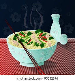 A bowl of hot, delicious noodles with vegetables and sake beside it/Noodles2