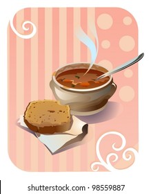 A bowl of hot goulash soup with a spoon and a piece of bread laying on a napkin and all this things on an abstract background with ornaments.