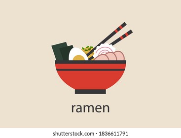 A bowl of hot Japanese ramen soup with noodles, boiled egg, nori seaweed, naruto swirl, pork, and a pair of chopsticks svg
