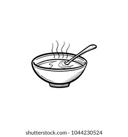 Bowl of hot soup hand drawn outline doodle icon. Miso soup vector sketch illustration for print, web, mobile and infographics isolated on white background.