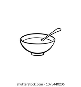 Bowl of hot soup hand drawn outline doodle icon. Miso soup vector sketch illustration for print, web, mobile and infographics isolated on white background.