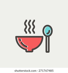 Bowl of hot soup with spoon icon thin line for web and mobile, modern minimalistic flat design. Vector icon with dark grey outline and offset colour on light grey background.