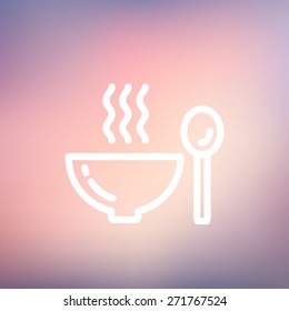 Bowl of hot soup with spoon icon thin line for web and mobile, modern minimalistic flat design. Vector white icon on gradient mesh background.