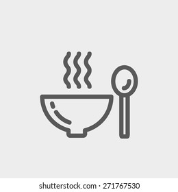 Bowl of hot soup with spoon icon thin line for web and mobile, modern minimalistic flat design. Vector dark grey icon on light grey background.