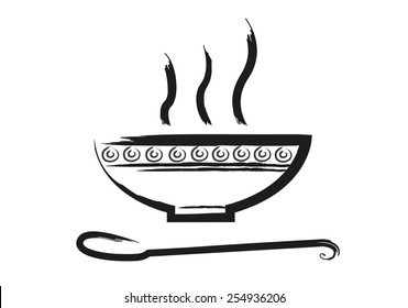 Bowl Of Hot Soup With Spoon Line Art. Icon Isolated On White Backdrop. Editable EPS10 Vector And Jpg Illustration.