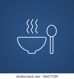 Bowl of hot soup with spoon line icon for web, mobile and infographics. Vector light blue icon isolated on blue background.