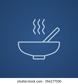 Bowl of hot soup with spoon line icon for web, mobile and infographics. Vector light blue icon isolated on blue background.