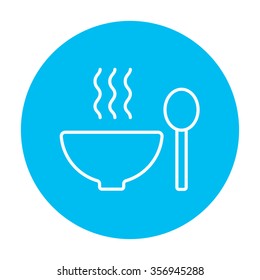 Bowl of hot soup with spoon line icon for web, mobile and infographics. Vector white icon on the light blue circle isolated on white background.