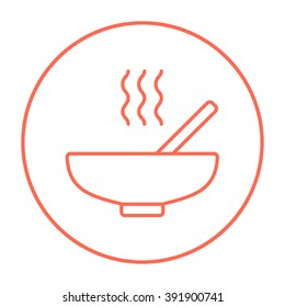 Bowl of hot soup with spoon line icon.