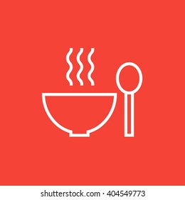 Bowl of hot soup with spoon line icon.