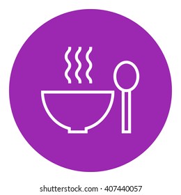 Bowl of hot soup with spoon line icon.