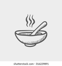 Bowl of hot soup with spoon sketch icon for web, mobile and infographics. Hand drawn vector dark grey icon isolated on light grey background.