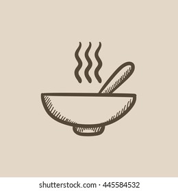 Bowl of hot soup with spoon vector sketch icon isolated on background. Hand drawn Bowl of hot soup with spoon icon. Bowl of hot soup with spoon sketch icon for infographic, website or app.