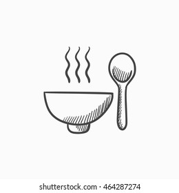 Bowl of hot soup with spoon vector sketch icon isolated on background. Hand drawn Bowl of hot soup with spoon icon. Bowl of hot soup with spoon sketch icon for infographic, website or app.