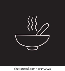 Bowl of hot soup with spoon vector sketch icon isolated on background. Hand drawn Bowl of hot soup with spoon icon. Bowl of hot soup with spoon sketch icon for infographic, website or app.