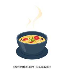 Bowl with hot tasty soup. Collection of soup and ingredients. Tomato and potato, onion and carrot. Vector flat illustration