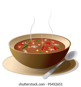 Bowl Of Hot Vegetable Soup On Plate, With Spoon,isolated On White.