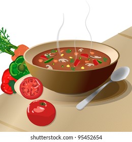 Bowl of hot vegetable soup on plate, with spoon and tomato, peppers, carrots, isolated on white.