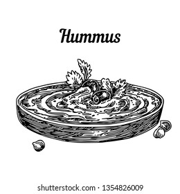 Bowl hummus with olive and parsley. Sketch. Engraving style. Vector illustration.