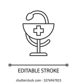 Bowl of Hygeia linear icon. Thin line illustration. Pharmacy. Contour symbol. Vector isolated outline drawing. Editable stroke