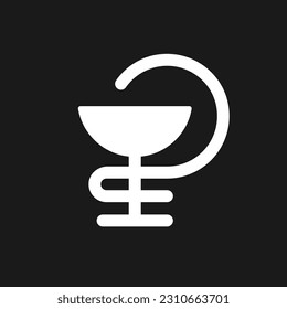 Bowl of Hygieia dark mode glyph ui icon. Pharmaceutical symbol. User interface design. White silhouette symbol on black space. Solid pictogram for web, mobile. Vector isolated illustration