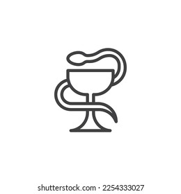 Icono de la línea Bowl de Hygieia. signo de estilo lineal para concepto móvil y diseño web. Copa con icono vector de contorno de serpiente. Símbolo, ilustración del logotipo. Gráficos vectoriales