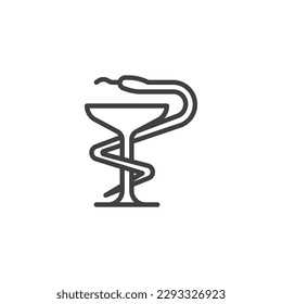 Icono de la línea Bowl de Hygieia. signo de estilo lineal para concepto móvil y diseño web. Icono de vector de contorno de la copa y la serpiente. Símbolo de farmacia, ilustración del logo. Gráficos vectoriales