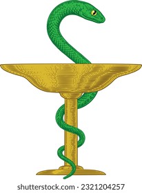 Bowl of Hygieia medical symbol, sign or icon for Pharmacy or a Pharmacist. A cup with a snake wrapped or intertwined around it.