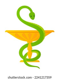 Bowl of Hygieia - modern flat design style single isolated image. Neat detailed picture of medical sign. A golden cup with a green snake coiled around it. Health care, hospital and pharmacy idea