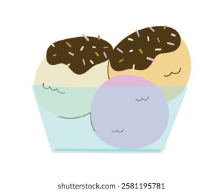 Bowl with Ice Cream scoops drizzled with Chocolate. Cold summer creamy strawberry creme brulee dessert with glaze in Glassware. Isolated dairy sweet food. Sweetness. Doodle. Color vector illustration