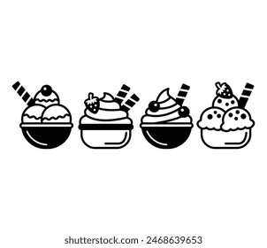 bowl of ice cream scoops icons symbol vector design black white illustration collections sets isolated