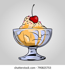 Bowl of ice cream sundae. Line art vector illustration. 