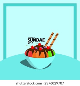 A bowl of ice cream sundae with various flavors and cherry toppings, with bold text on light blue background to celebrate National Sundae Day on November 11
