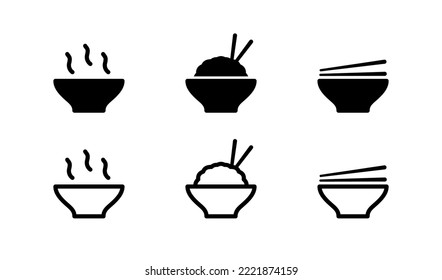 Bowl icon. Plate for food symbol. Chopsticks and pot icons. Vector isolated sign.