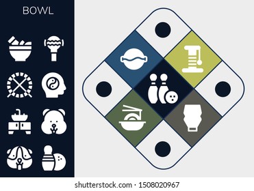 bowl icon set. 13 filled bowl icons.  Collection Of - Bowling, Hamster, Sink, Hamster ball, Balance, Mortar, Rattle, Scratcher, Soup, Noodles, Mayonnaise icons