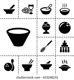Bowl icon. set of 13 filled bowlicons such as bowl, porridge, toilet brush, asian food, ice cream ball, pasta and wine glass, soup, bowling
