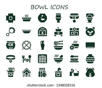 bowl icon set. 30 filled bowl icons.  Simple modern icons about  - Veterinary, Cat, Fishbowl, Toilet, Collar, Rattle, Bowl, Sink, Fish Hamster ball, Vase, Noodle, Soup, Salad