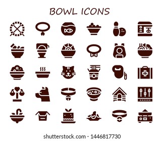 bowl icon set. 30 filled bowl icons.  Collection Of - Hamster ball, Collar, Fishbowl, Fruit bowl, Bowling, Mixer, Mortar, Toilet, Salad, Pet, Rice, Cat, Noodles, Leash dog, Veterinary