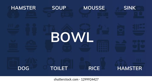  bowl icon set. 32 filled bowl icons. on blue background style Simple modern icons about  - Hamster, Soup, Mousse, Sink, Dog, Toilet, Rice, Collar, Balance, Mayonnaise, Rattle